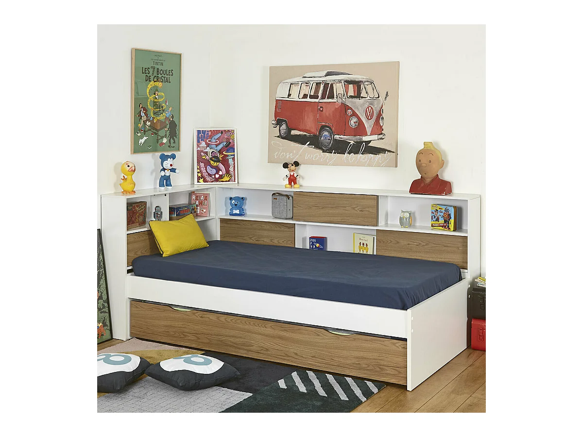 Lit cosy gigogne 90x190 cm panneaux de fibres blanc et bois PLAY