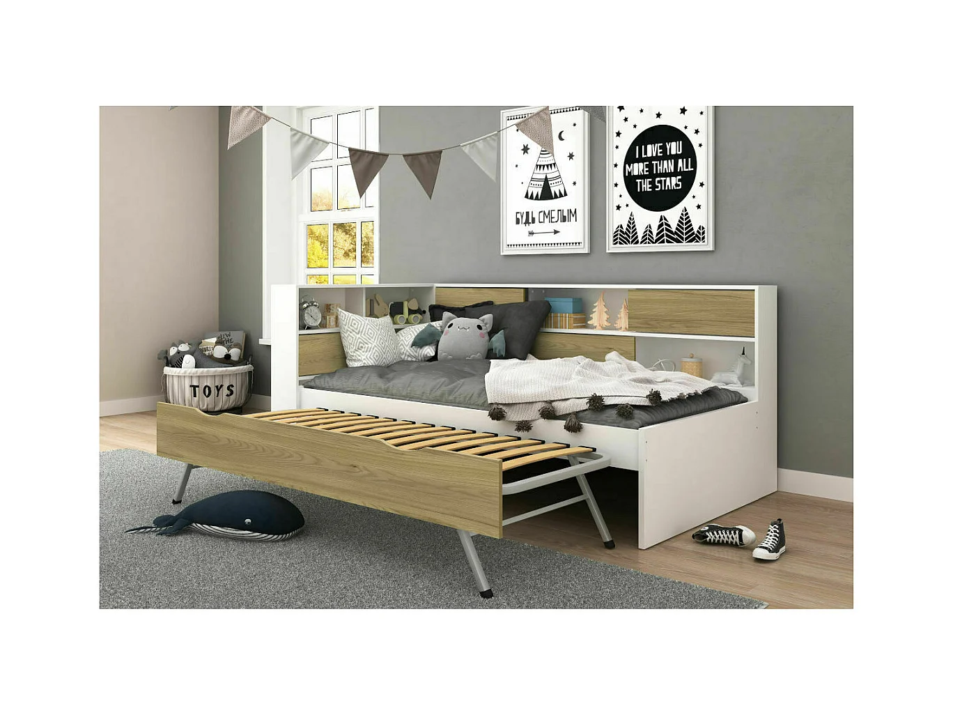 Lit cosy gigogne 90x190 cm panneaux de fibres blanc et bois PLAY