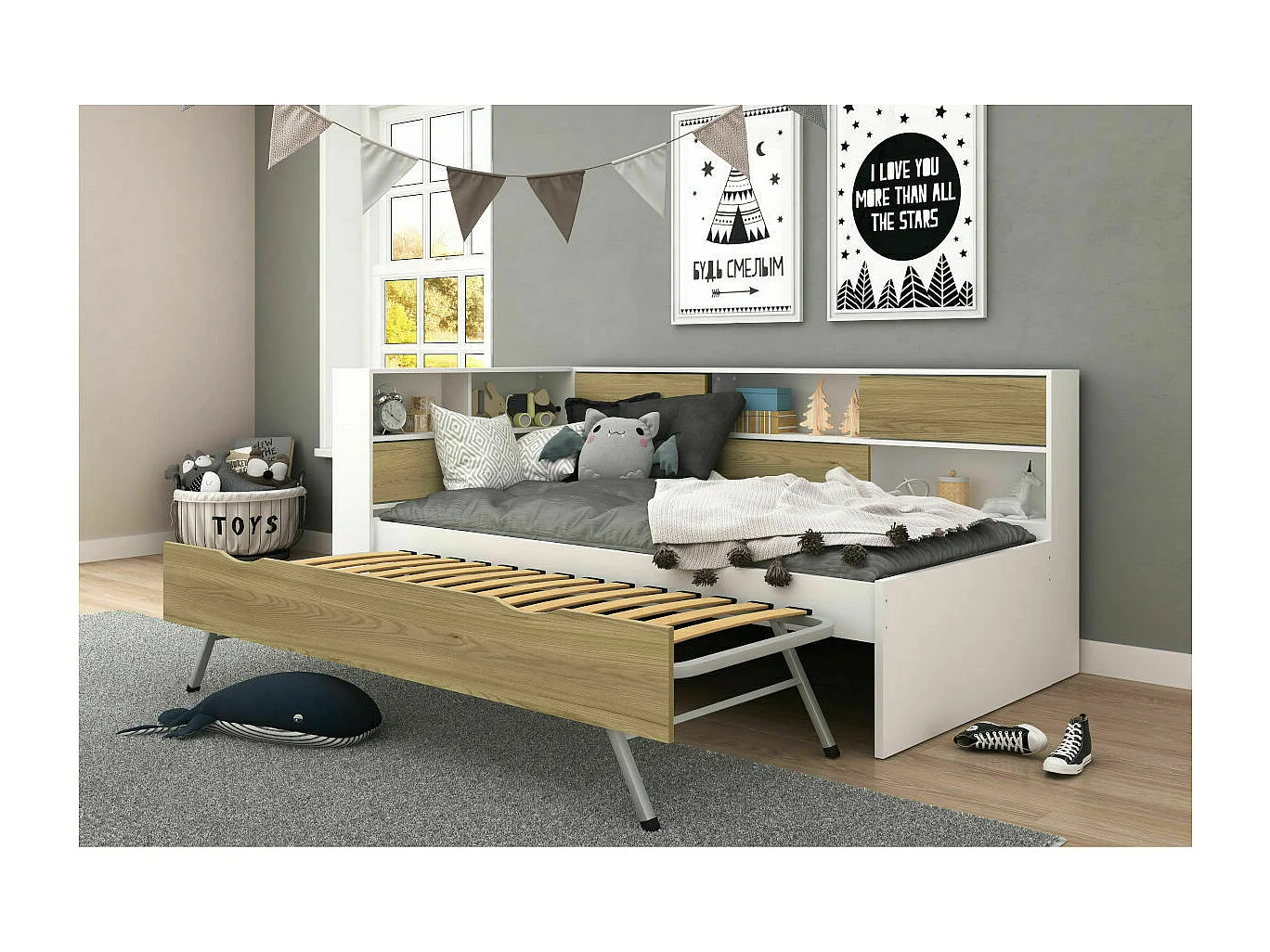 Lit cosy gigogne 90x190 cm panneaux de fibres blanc et bois PLAY