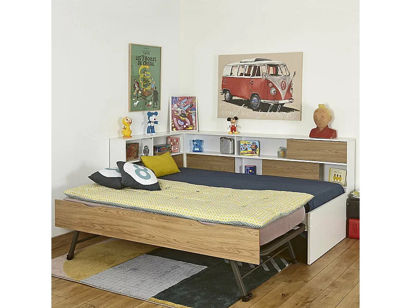 Lit cosy gigogne 90x190 cm panneaux de fibres blanc et bois PLAY