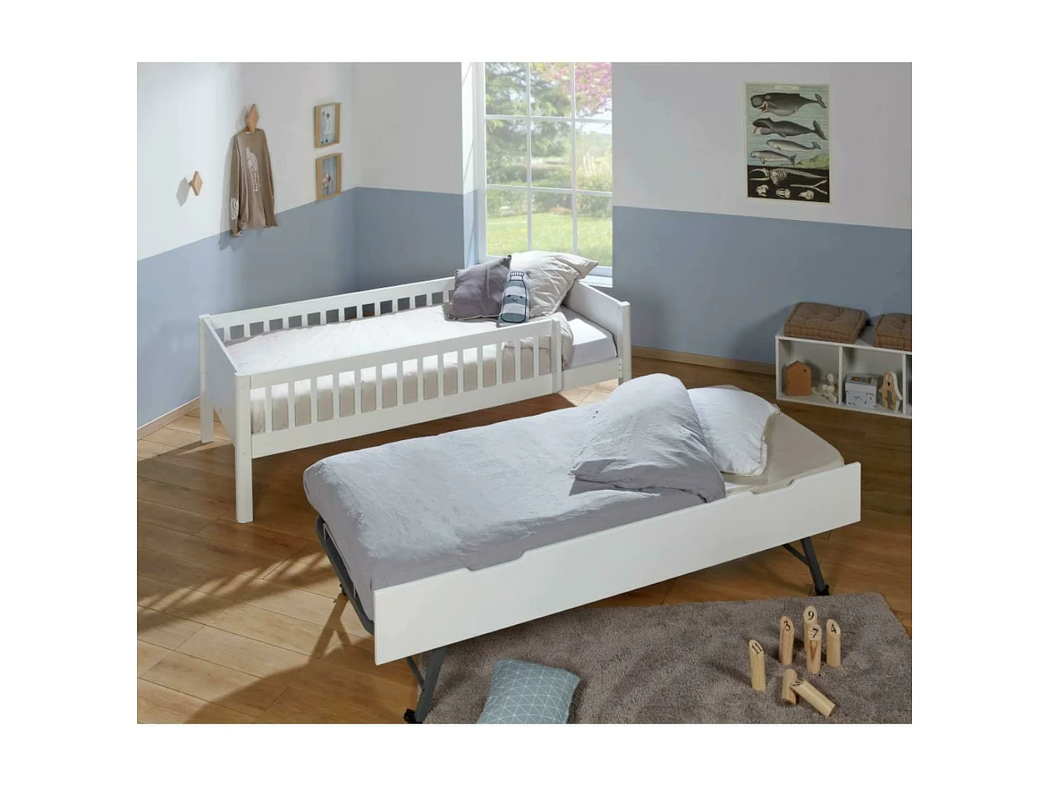 Lit enfant gigogne avec barrières 90x190 cm bois massif blanc VICTORIA