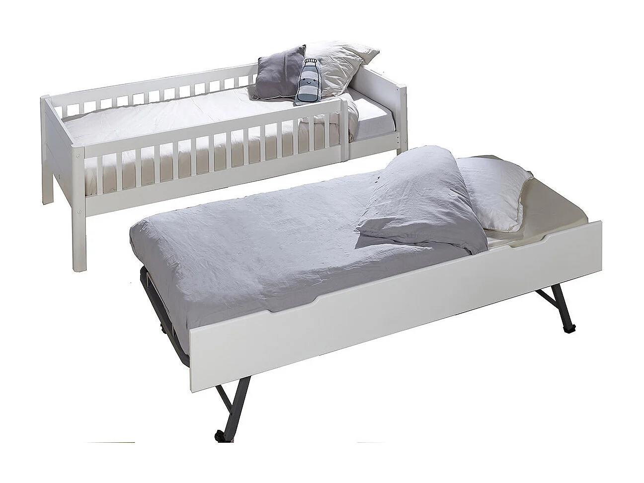 Lit enfant gigogne avec barrières 90x190 cm bois massif blanc VICTORIA