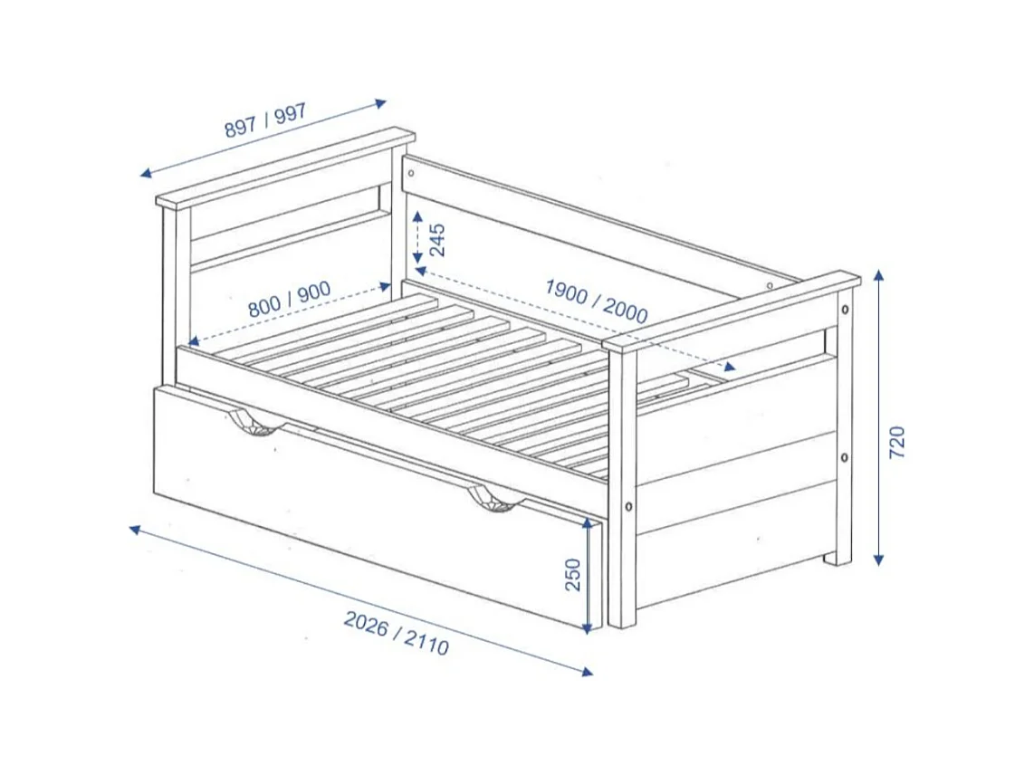 Lit banquette gigogne 90x190 cm bois massif blanc IZAO