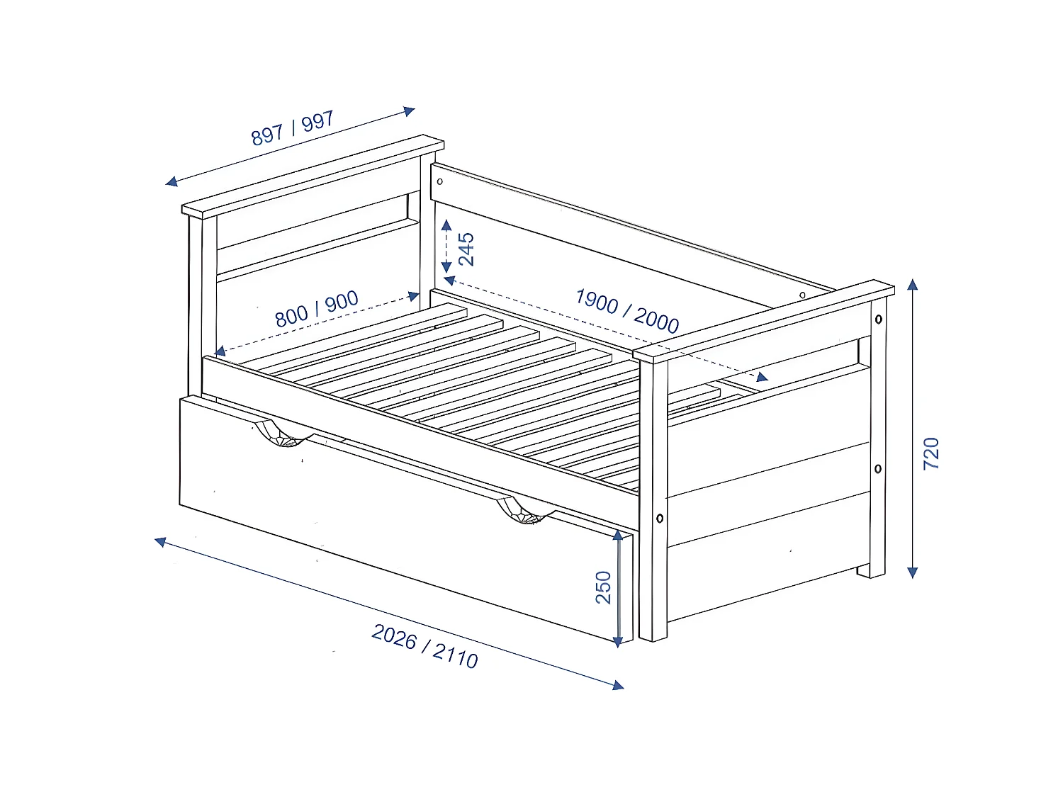 Lit banquette gigogne 80x190 cm bois massif blanc et bois IZAO