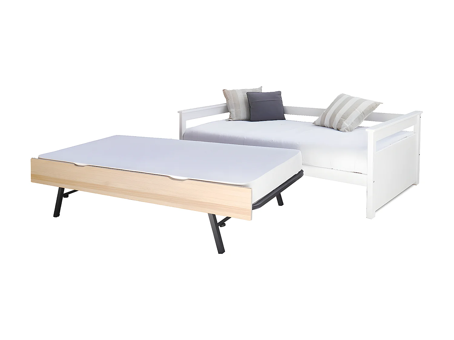 Lit banquette gigogne 90x200 cm bois massif blanc et bois IZAO