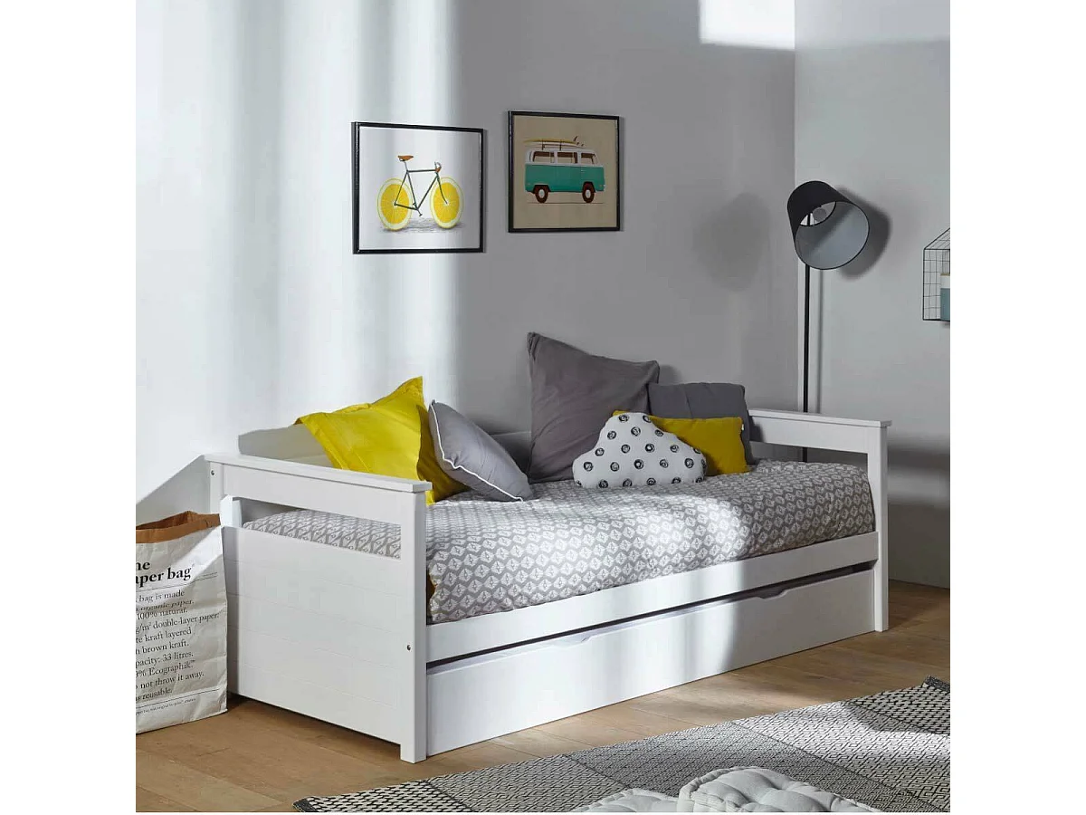 Lit banquette gigogne 80x190 cm bois massif blanc IZAO