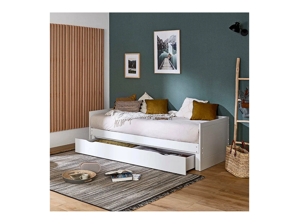 Lit gigogne avec tiroir 80x200 cm panneaux de fibres blanc MOLLY