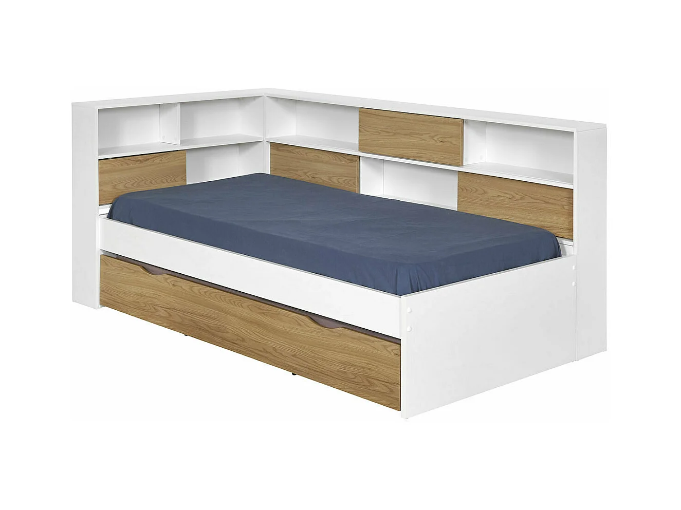 Pack lit cosy gigogne avec 2 matelas 90x190 cm panneaux de fibres blanc et bois PLAY