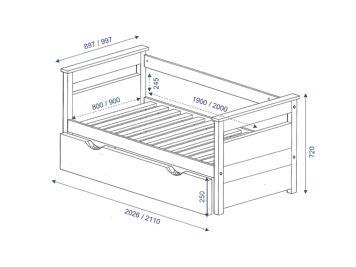Lit banquette gigogne 80x200 cm bois massif blanc et bois IZAO