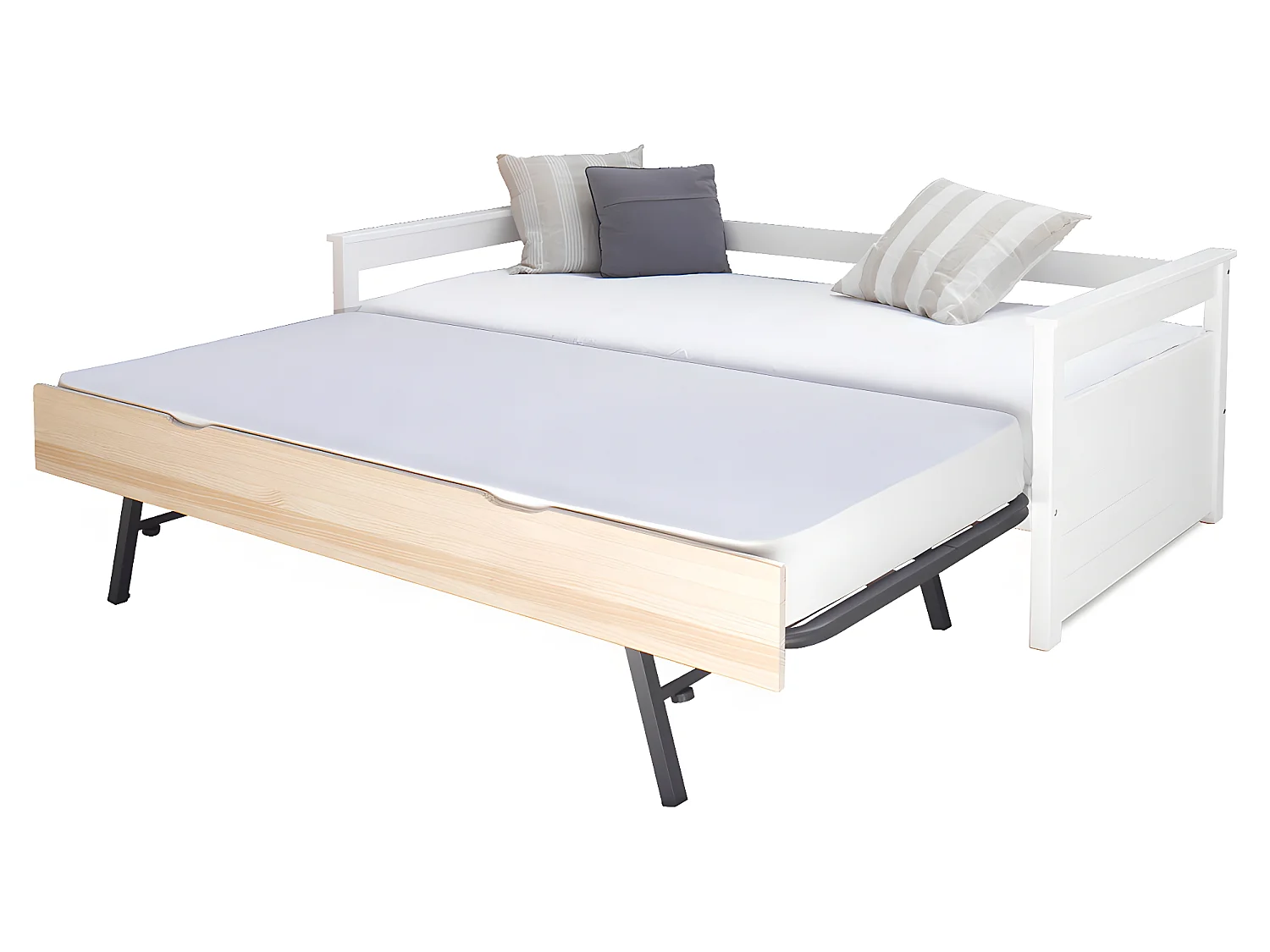Pack lit gigogne avec 2 matelas 90x190 cm bois massif blanc et bois IZAO