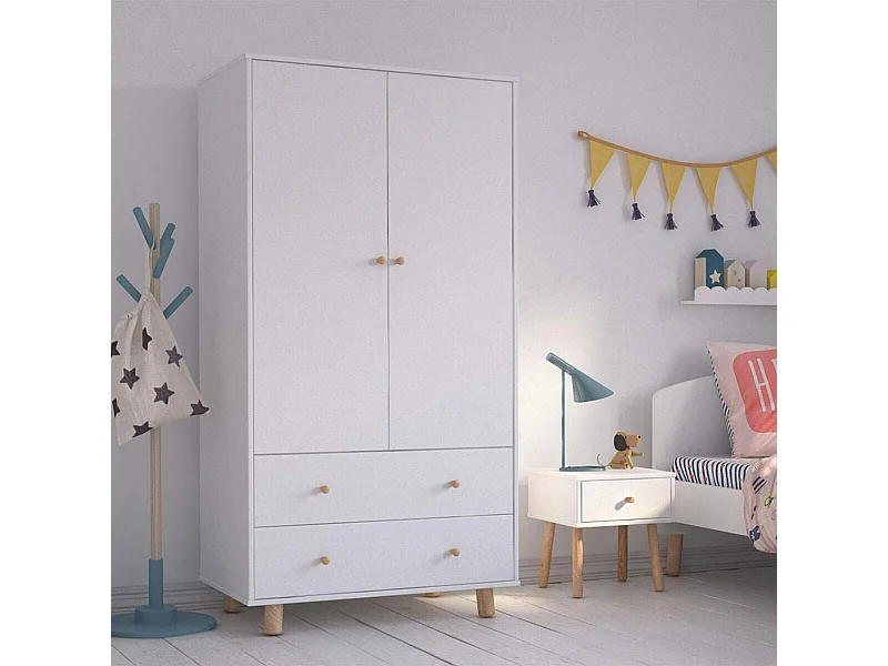 Armoire enfant  bois massif blanc et bois GABBY