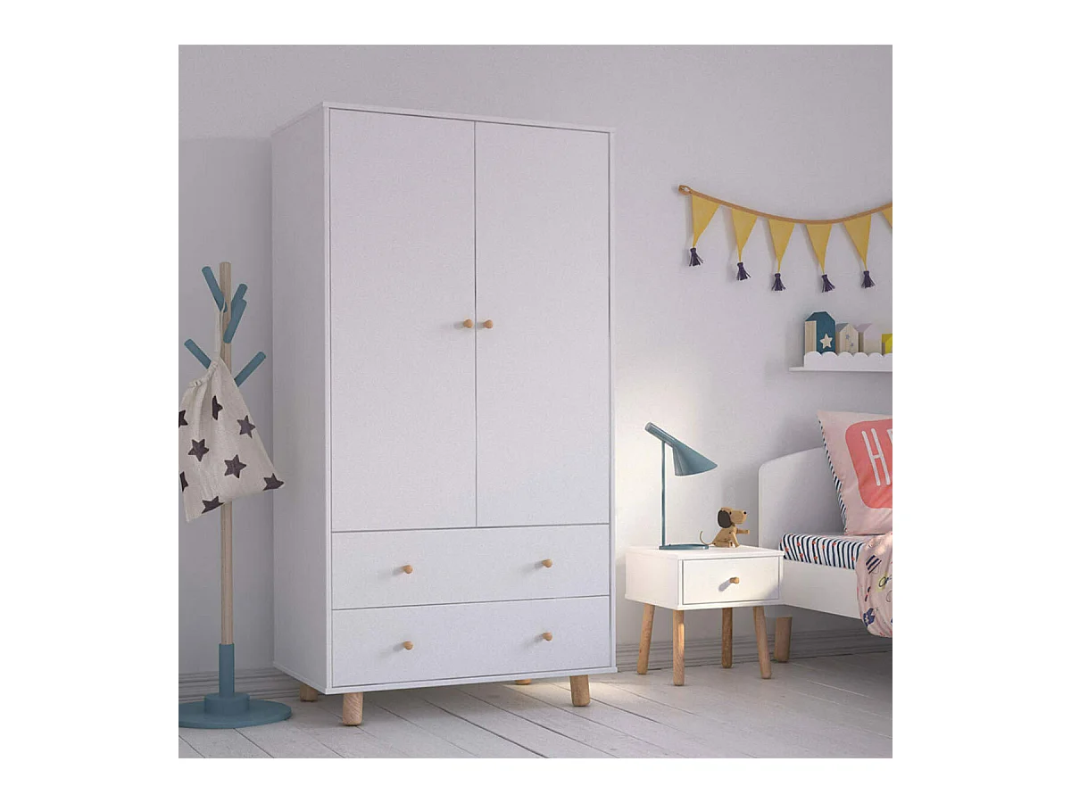 Armoire enfant  bois massif blanc et bois GABBY
