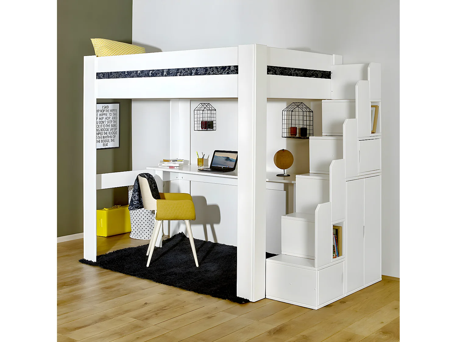 Lit mezzanine 2 places avec bureau 120x190 cm bois massif blanc ALEX