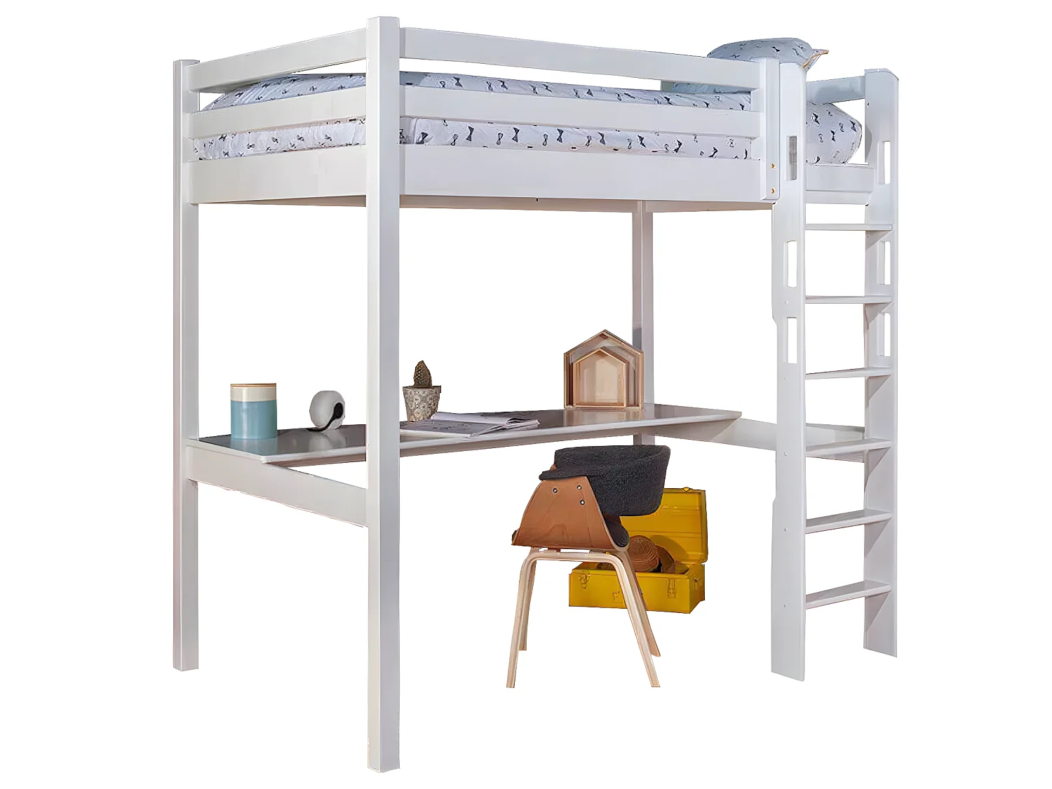 Lit mezzanine avec bureau 90x190 cm bois massif blanc ORPHÉE