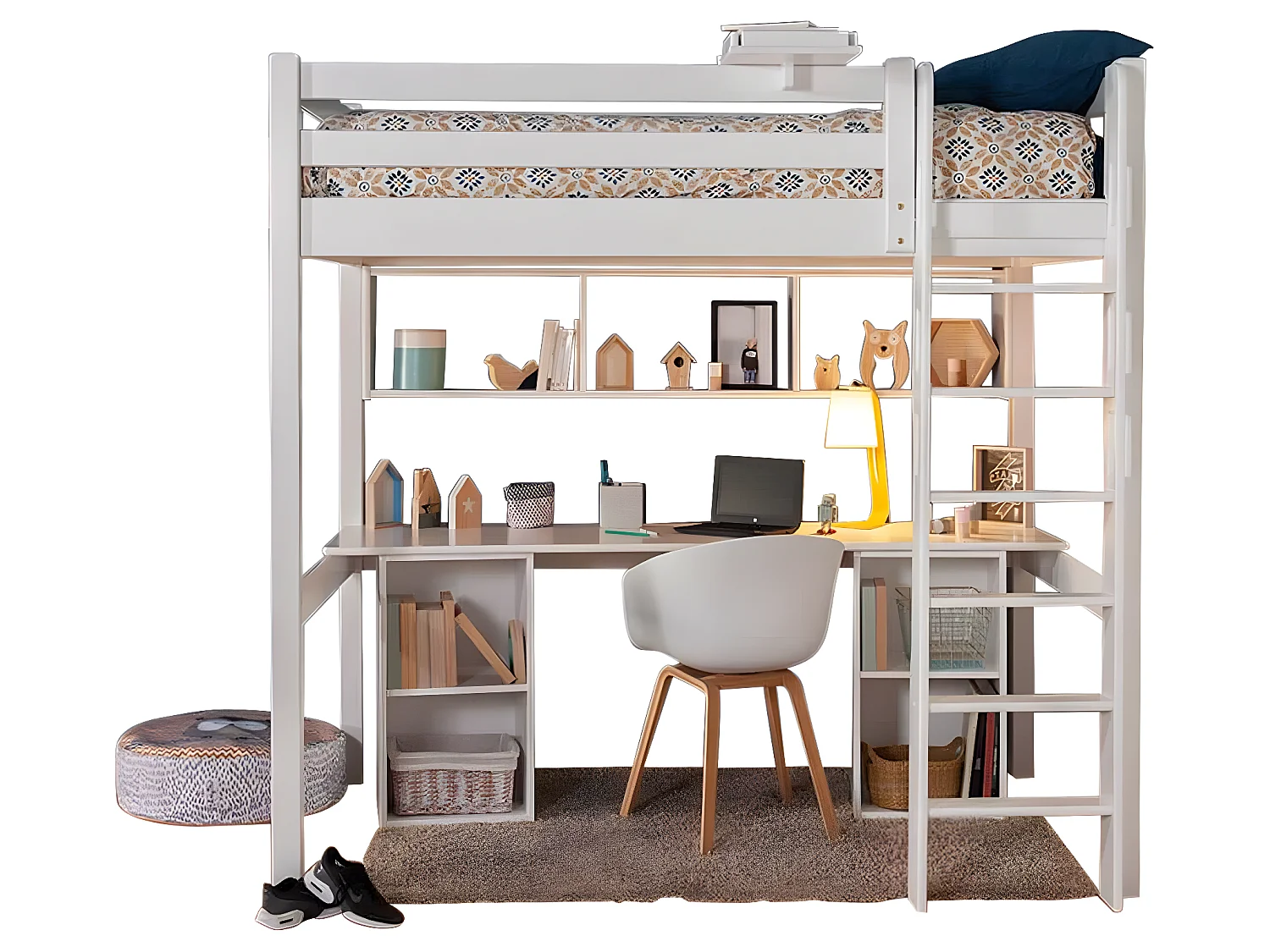 Lit mezzanine avec bureau 90x190 cm bois massif blanc ORPHÉE