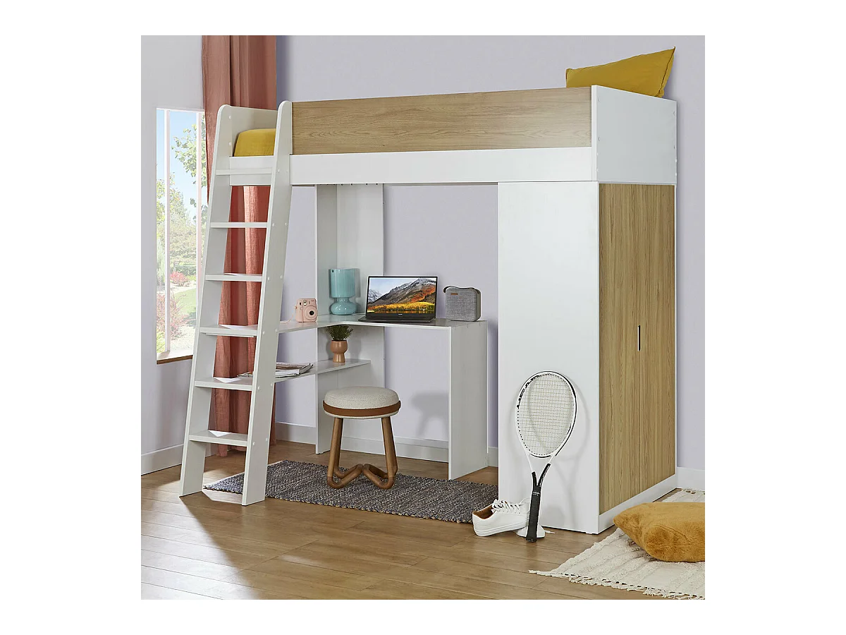 Lit mezzanine combiné 90x190 cm panneaux de fibres blanc et bois MEMPHIS