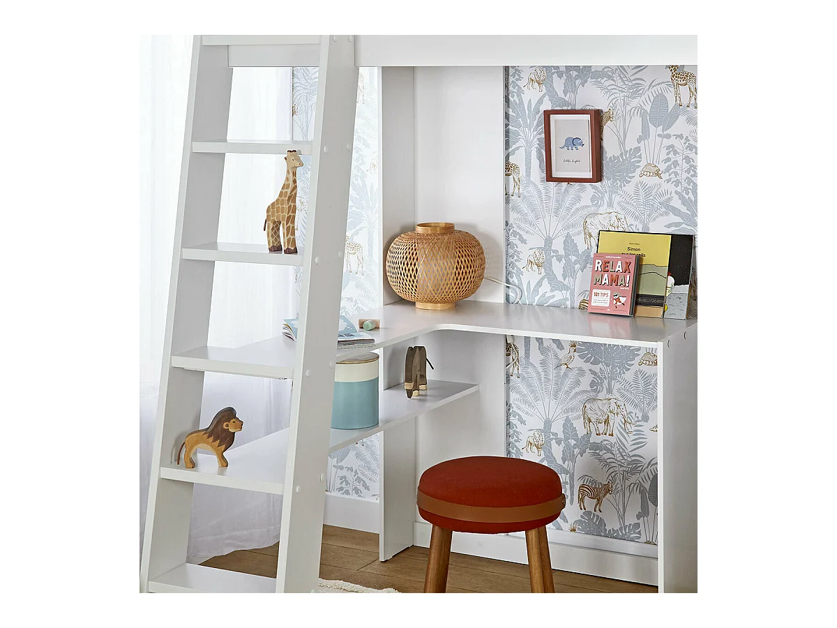 Lit mezzanine combiné 90x190 cm panneaux de fibres blanc et bois MEMPHIS