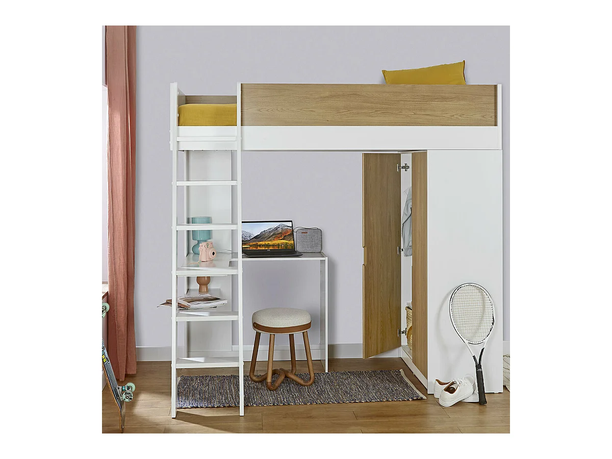 Lit mezzanine combiné 90x190 cm panneaux de fibres blanc et bois MEMPHIS