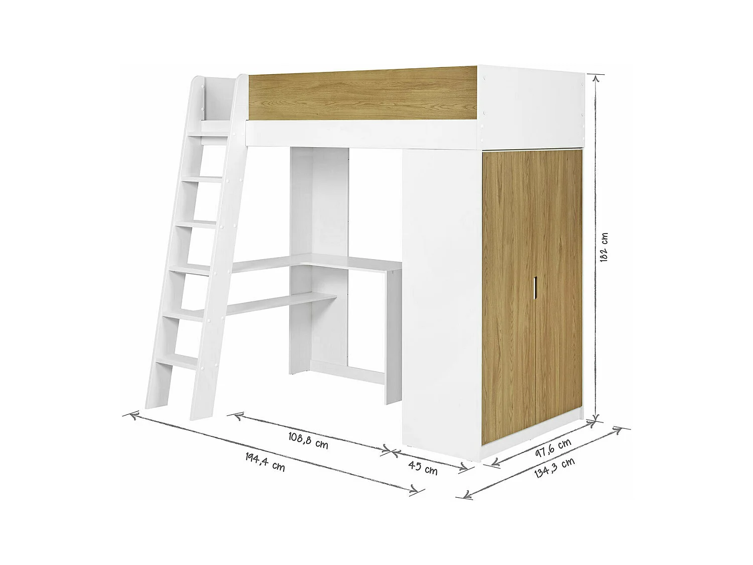 Lit mezzanine combiné 90x190 cm panneaux de fibres blanc et bois MEMPHIS