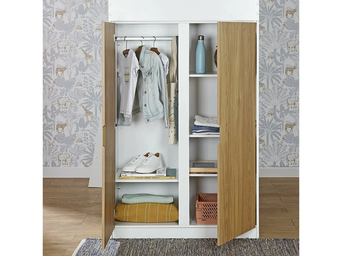 Lit mezzanine combiné 90x190 cm panneaux de fibres blanc et bois MEMPHIS