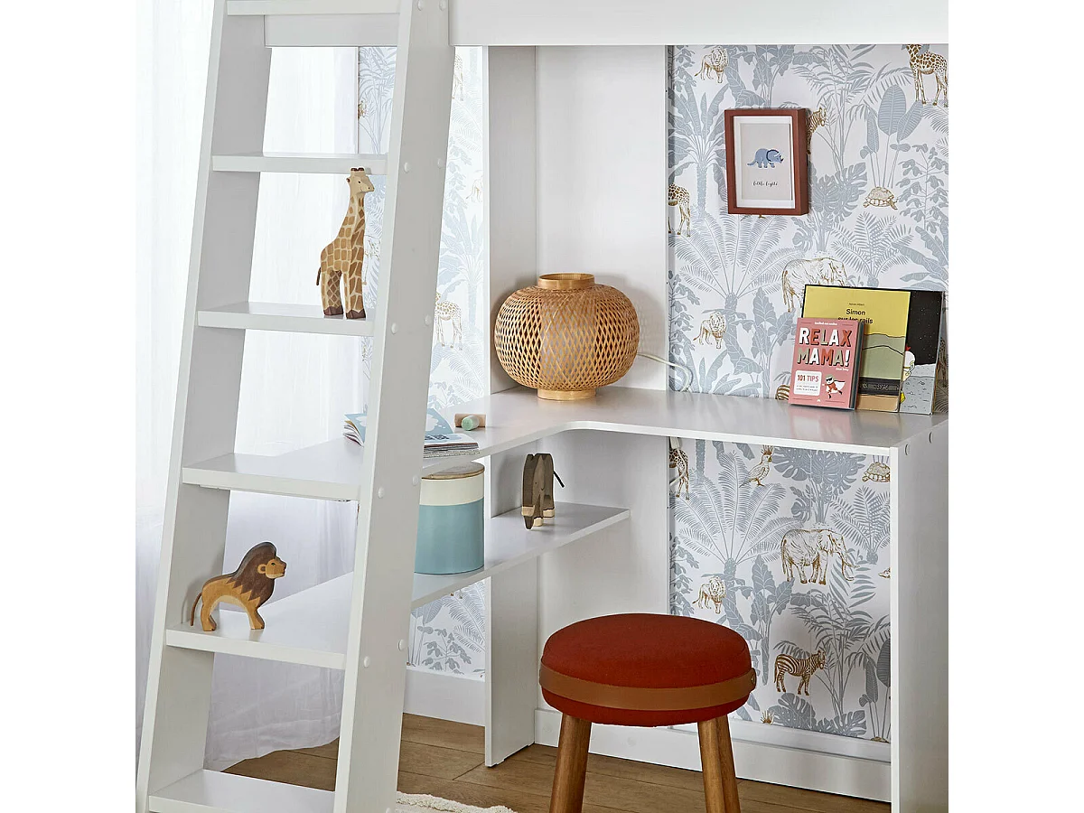 Lit mezzanine combiné 90x190 cm panneaux de fibres blanc et bois MEMPHIS