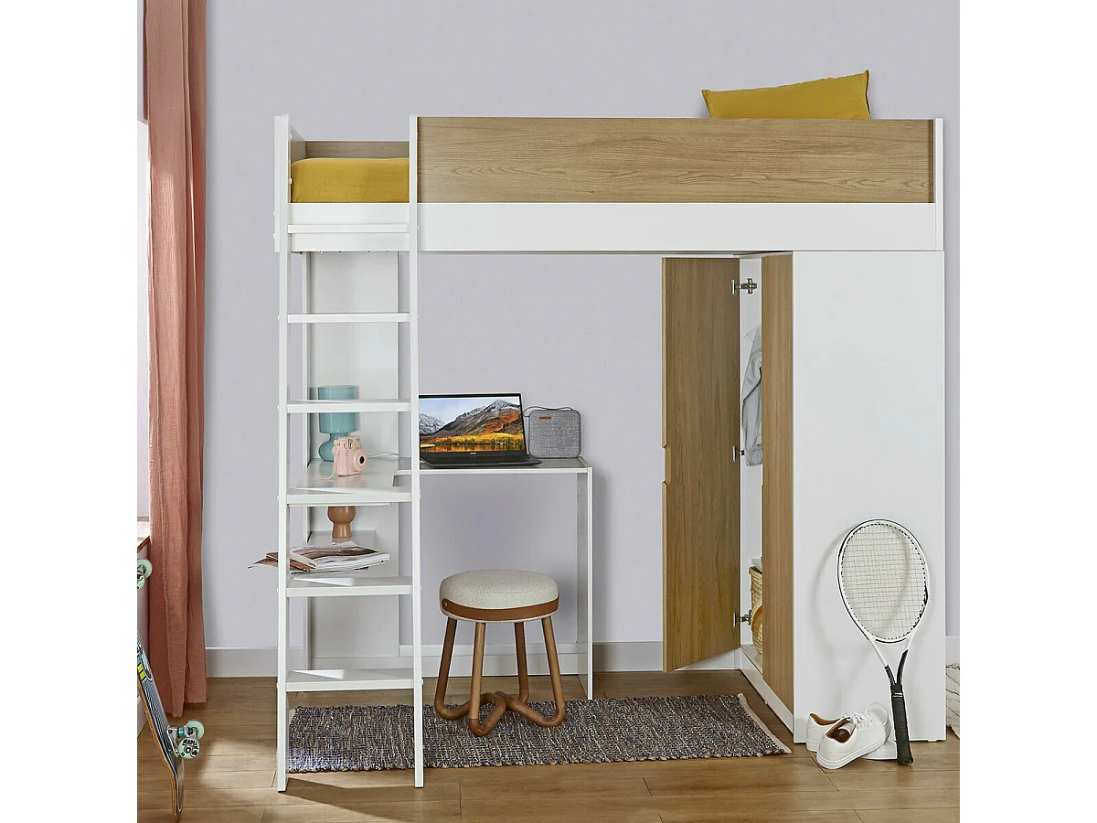 Lit mezzanine combiné 90x190 cm panneaux de fibres blanc et bois MEMPHIS