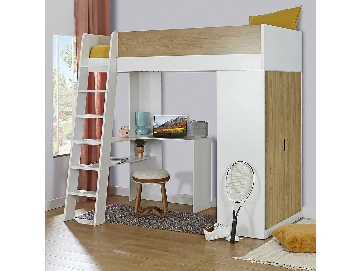 Lit mezzanine combiné 90x190 cm panneaux de fibres blanc et bois MEMPHIS