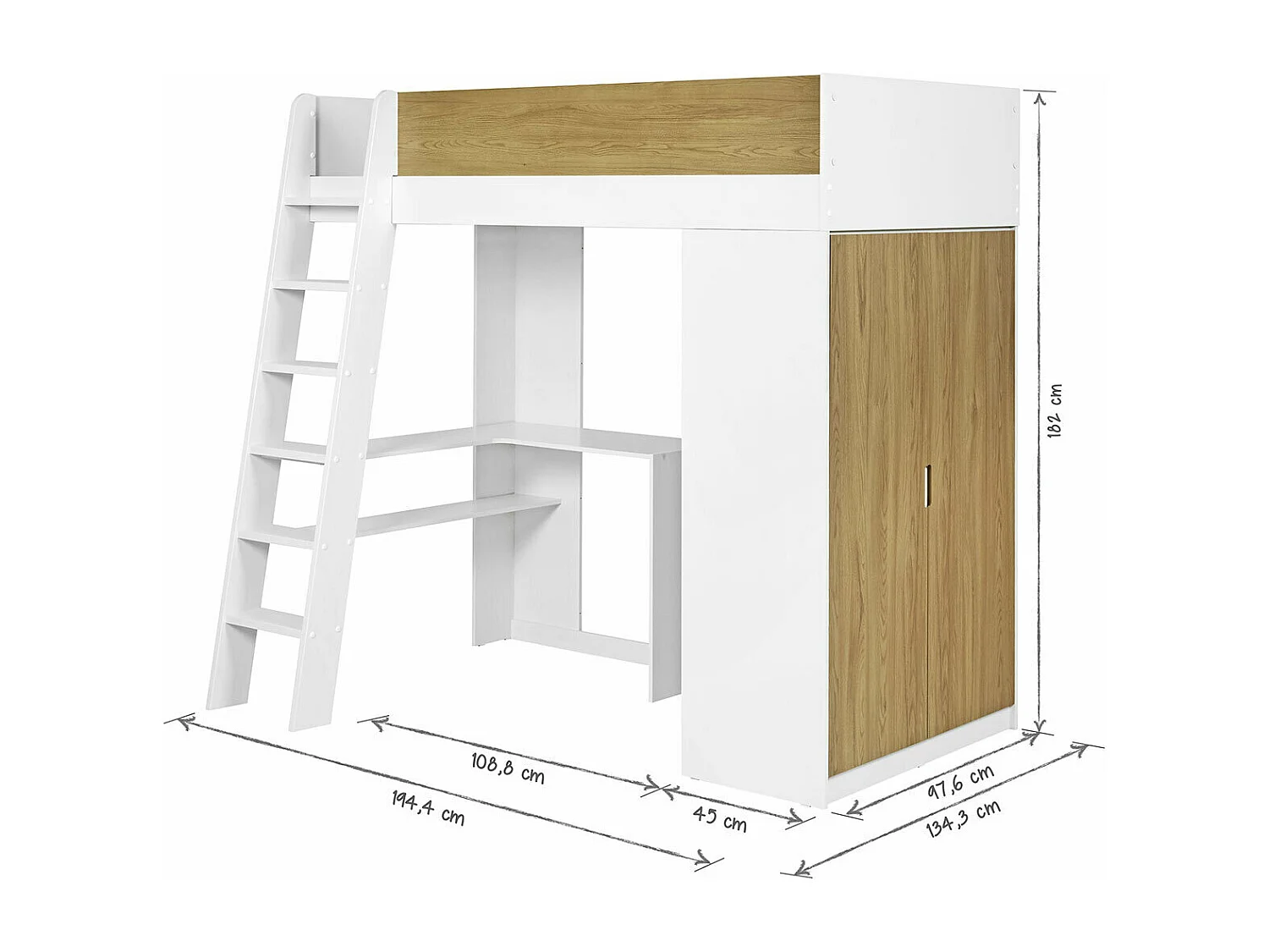Lit mezzanine combiné 90x190 cm panneaux de fibres blanc et bois MEMPHIS
