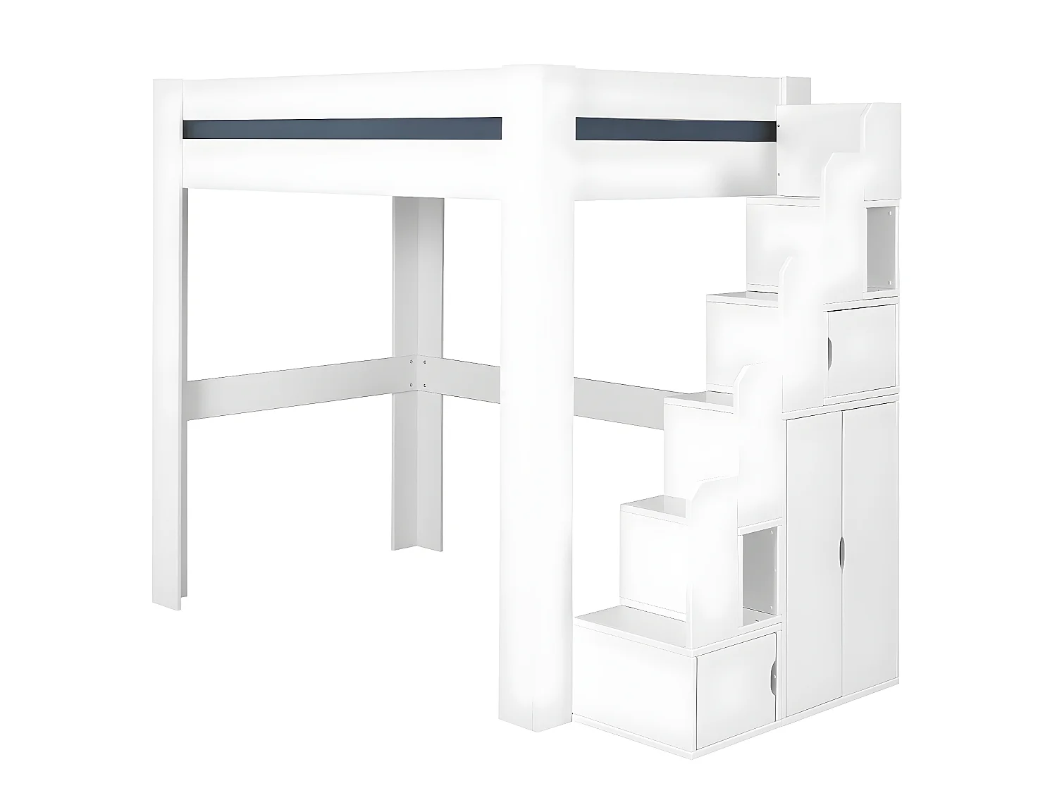 Lit mezzanine escalier 90x190 cm bois massif blanc ALEX