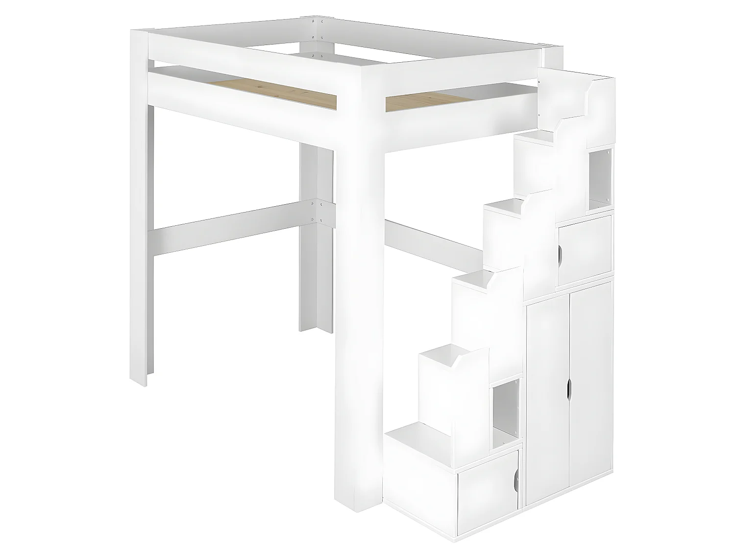 Lit mezzanine escalier 90x190 cm bois massif blanc ALEX