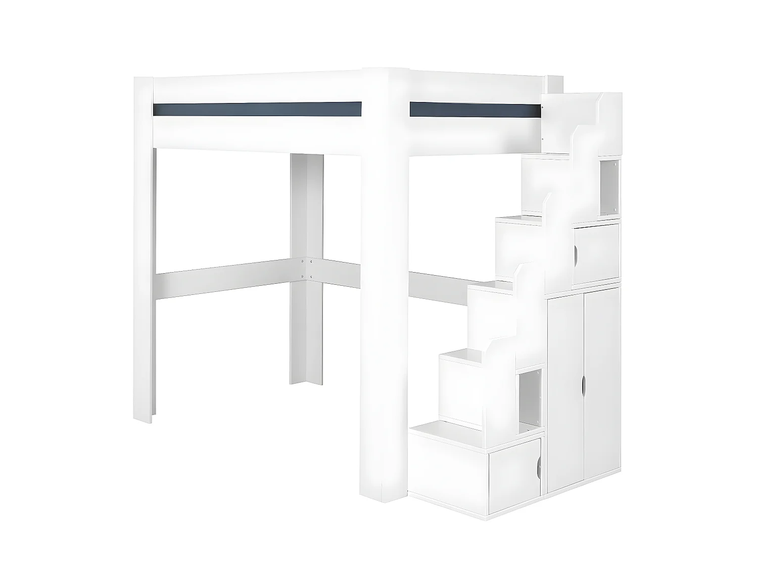 Lit mezzanine escalier 90x190 cm bois massif blanc ALEX