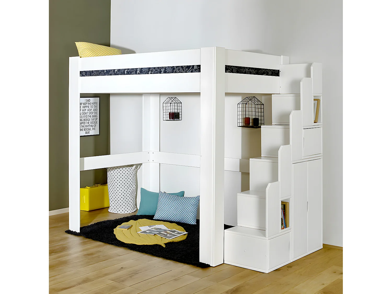 Lit mezzanine escalier 90x190 cm bois massif blanc ALEX