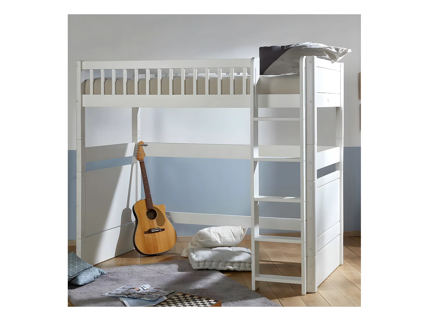 Pack lit mezzanine avec matelas 90x190 cm bois massif blanc VICTORIA