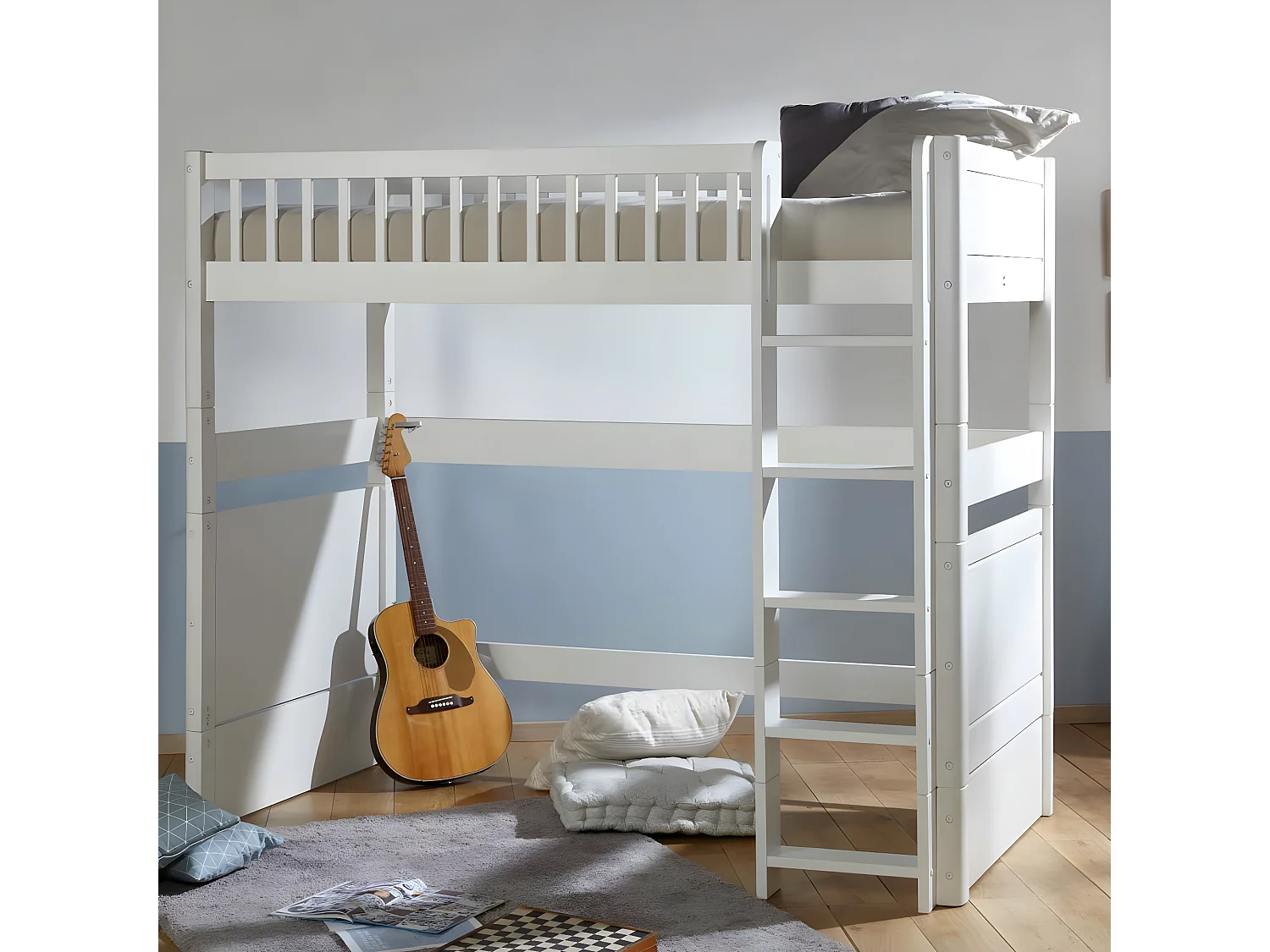 Pack lit mezzanine avec matelas 90x190 cm bois massif blanc VICTORIA