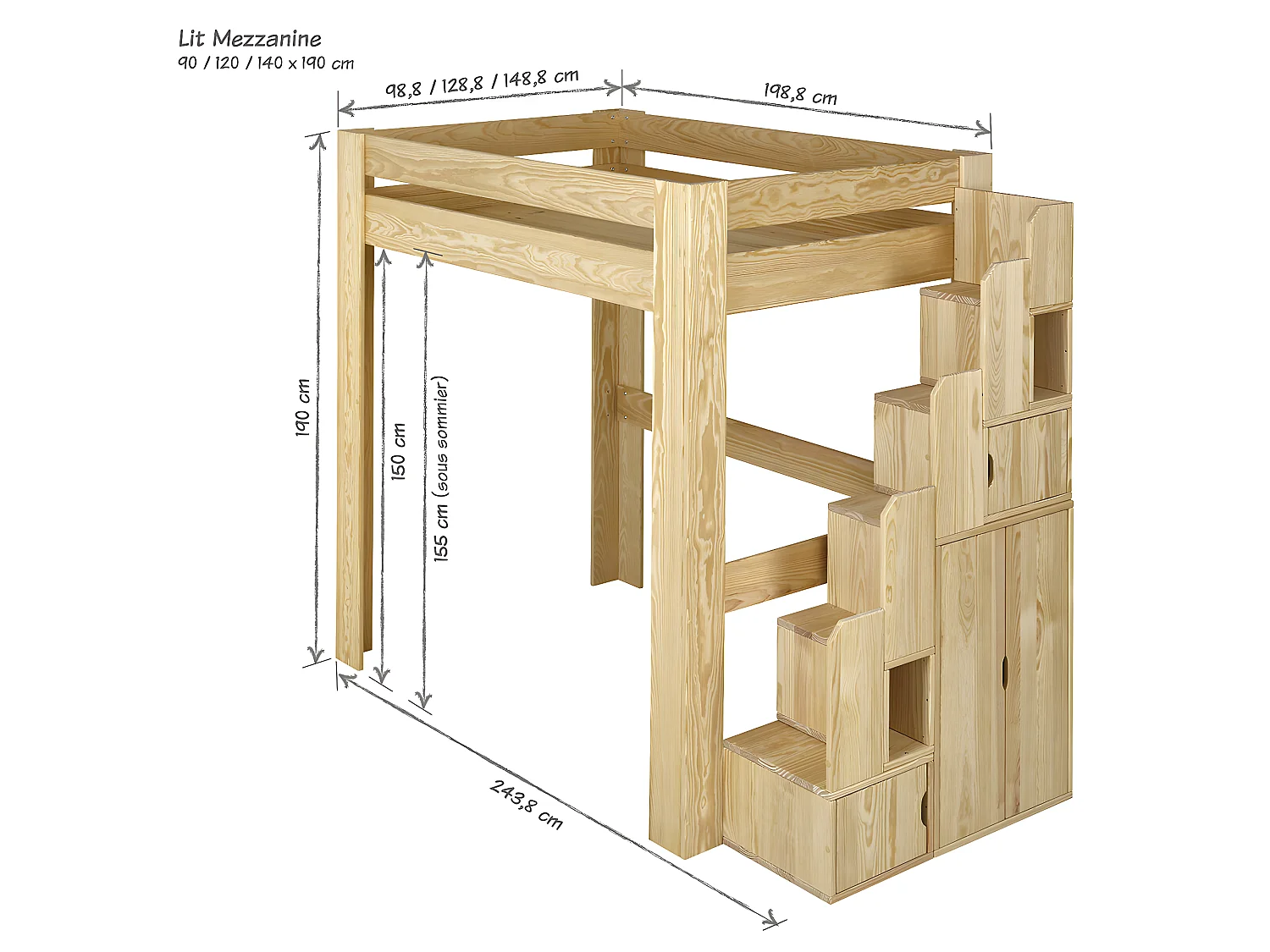 Pack lit mezzanine avec  matelas 90x190 cm bois massif bois naturel ALEX