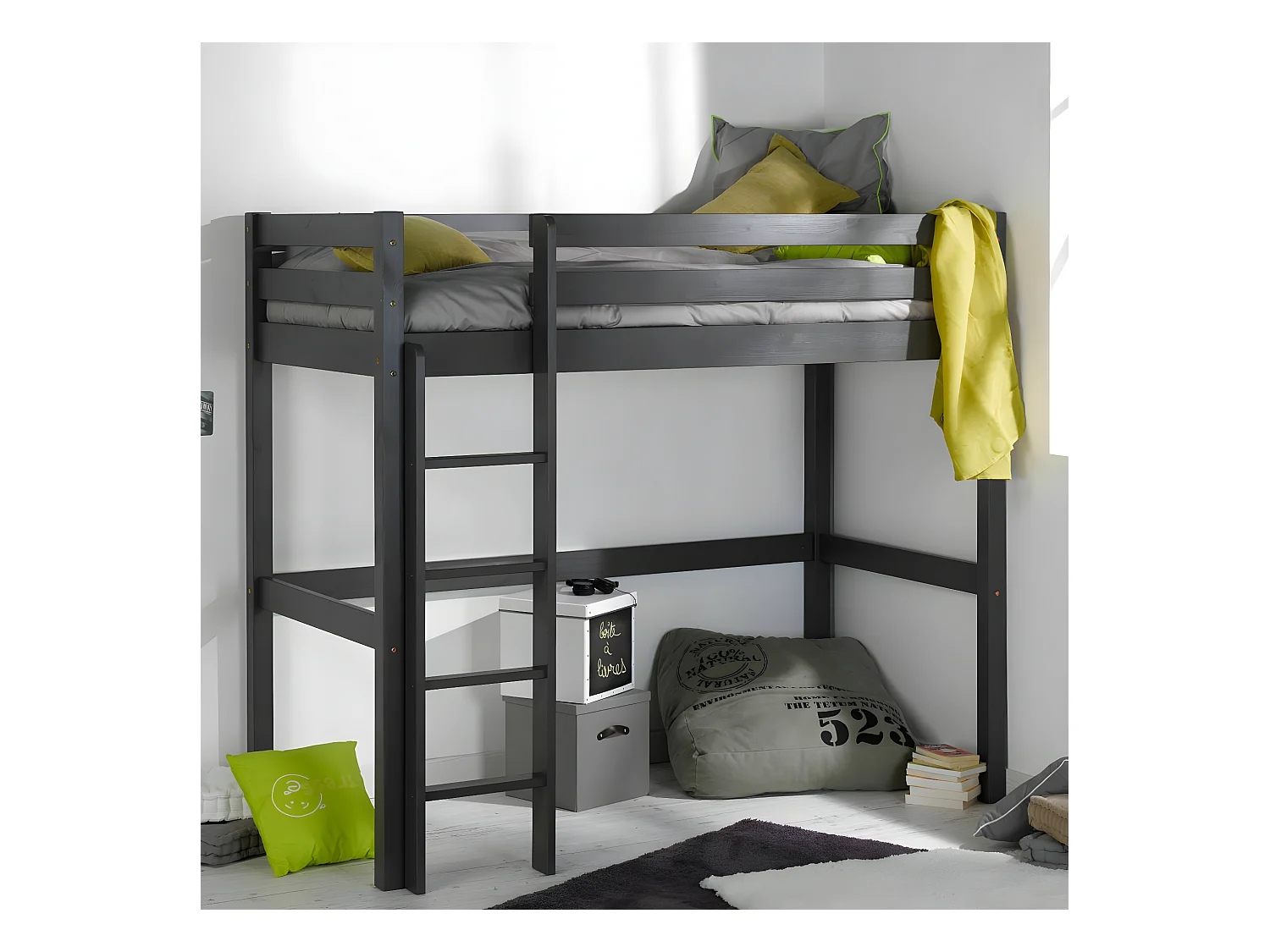 Pack lit mezzanine avec matelas 90x190 cm bois massif blanc AARON