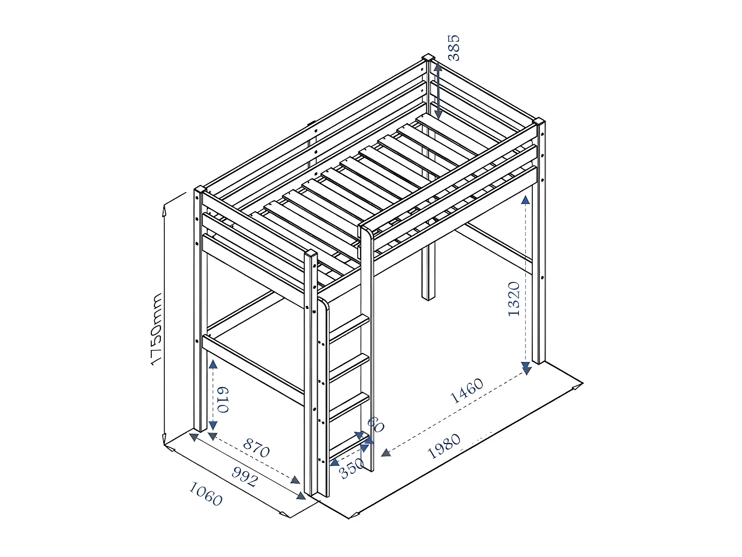 Pack lit mezzanine avec matelas 90x190 cm bois massif blanc AARON