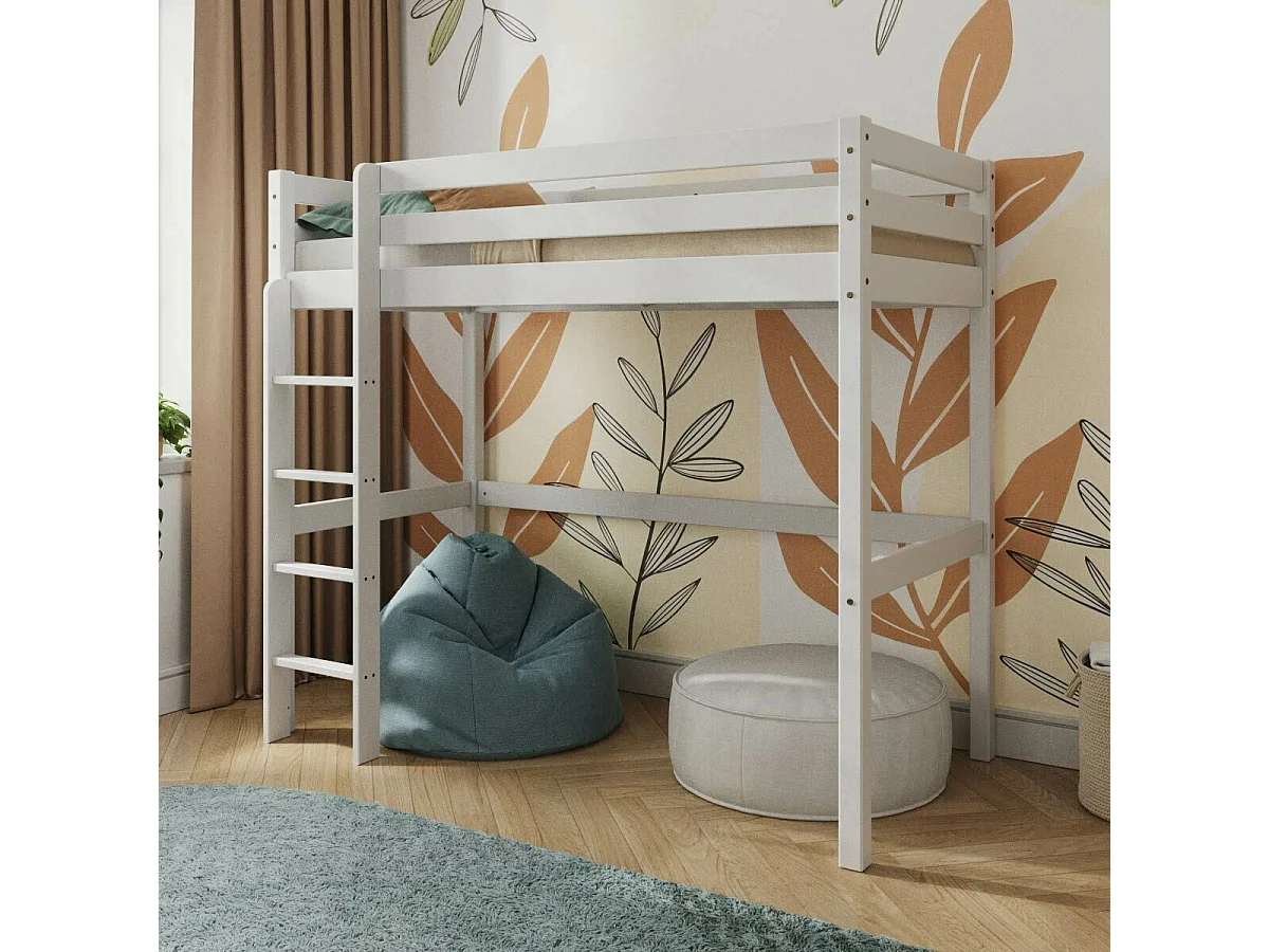 Pack lit mezzanine avec matelas 90x190 cm bois massif blanc AARON