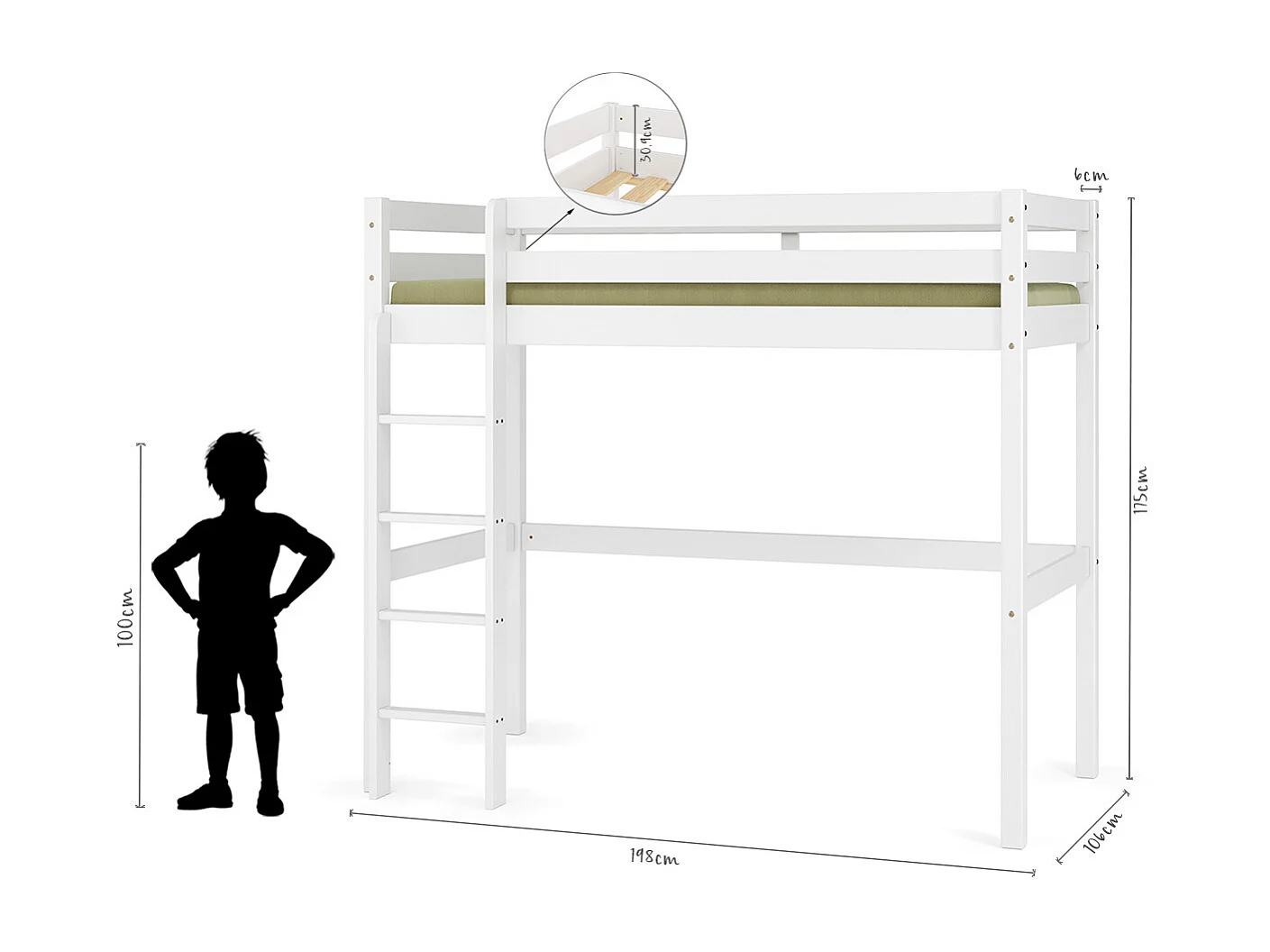 Pack lit mezzanine avec matelas 90x190 cm bois massif blanc AARON