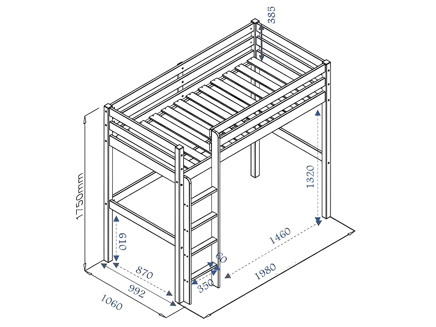 Pack lit mezzanine avec matelas 90x190 cm bois massif bois naturel AARON