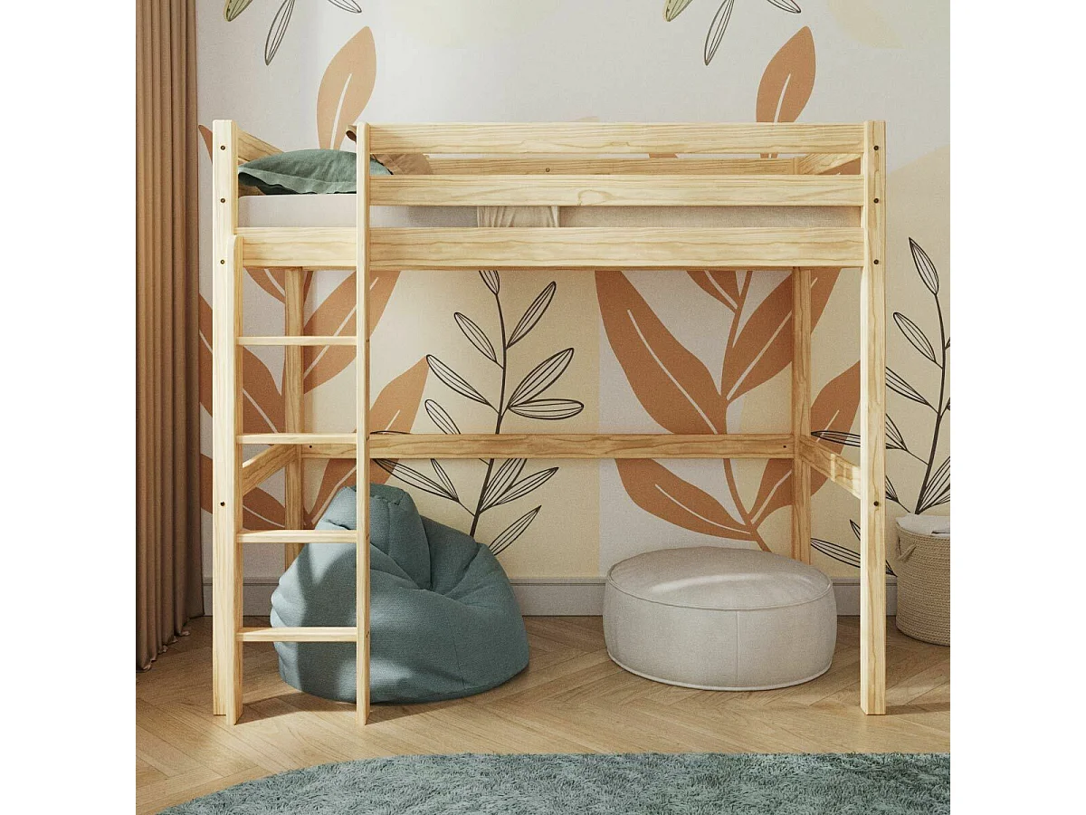 Pack lit mezzanine avec matelas 90x190 cm bois massif bois naturel AARON