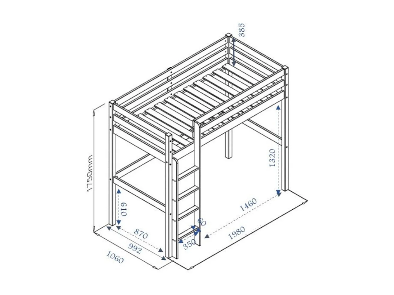 Pack lit mezzanine avec matelas 90x190 cm bois massif bois naturel AARON