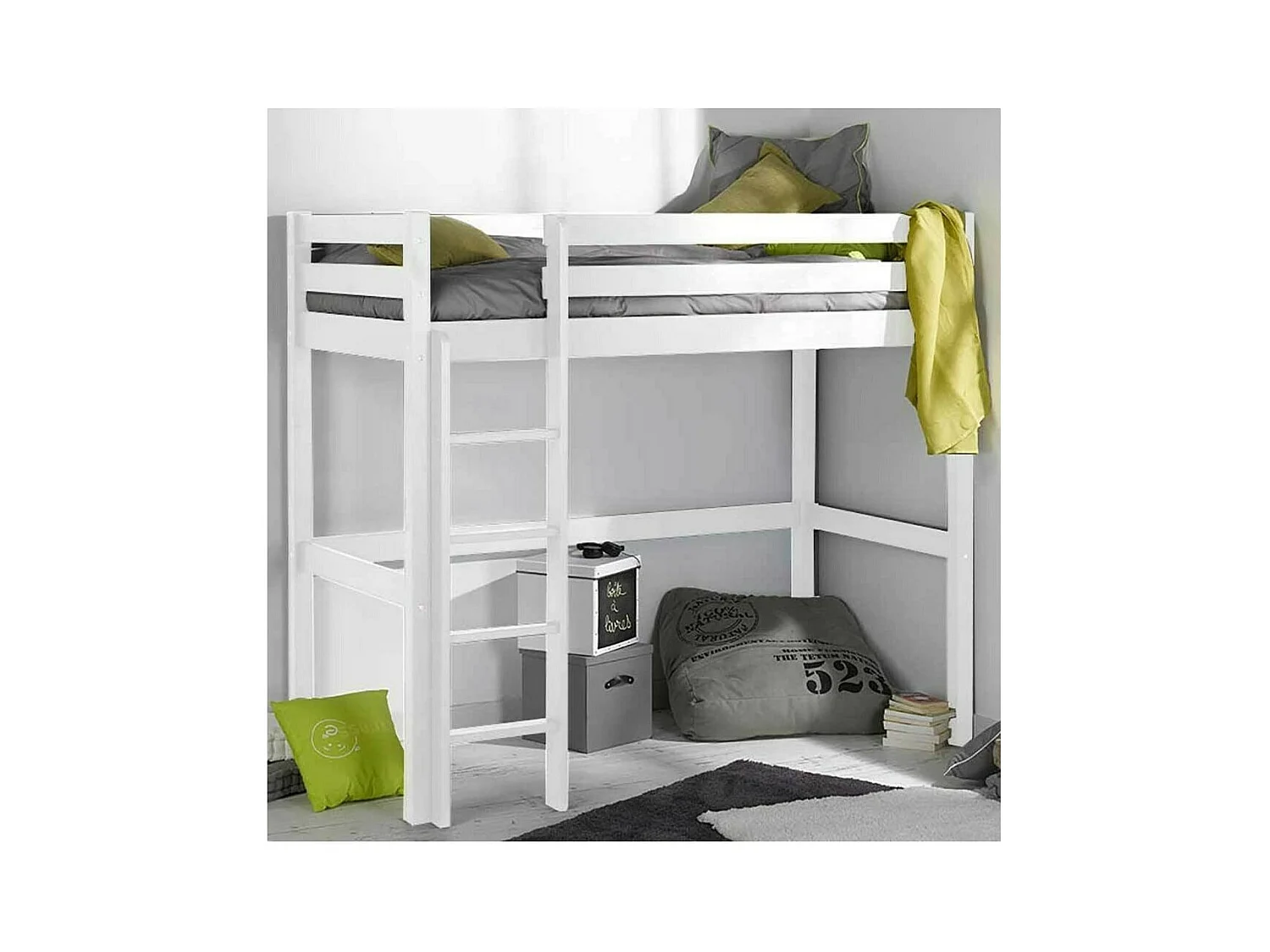 Lit mezzanine 90x190 cm bois massif blanc AARON