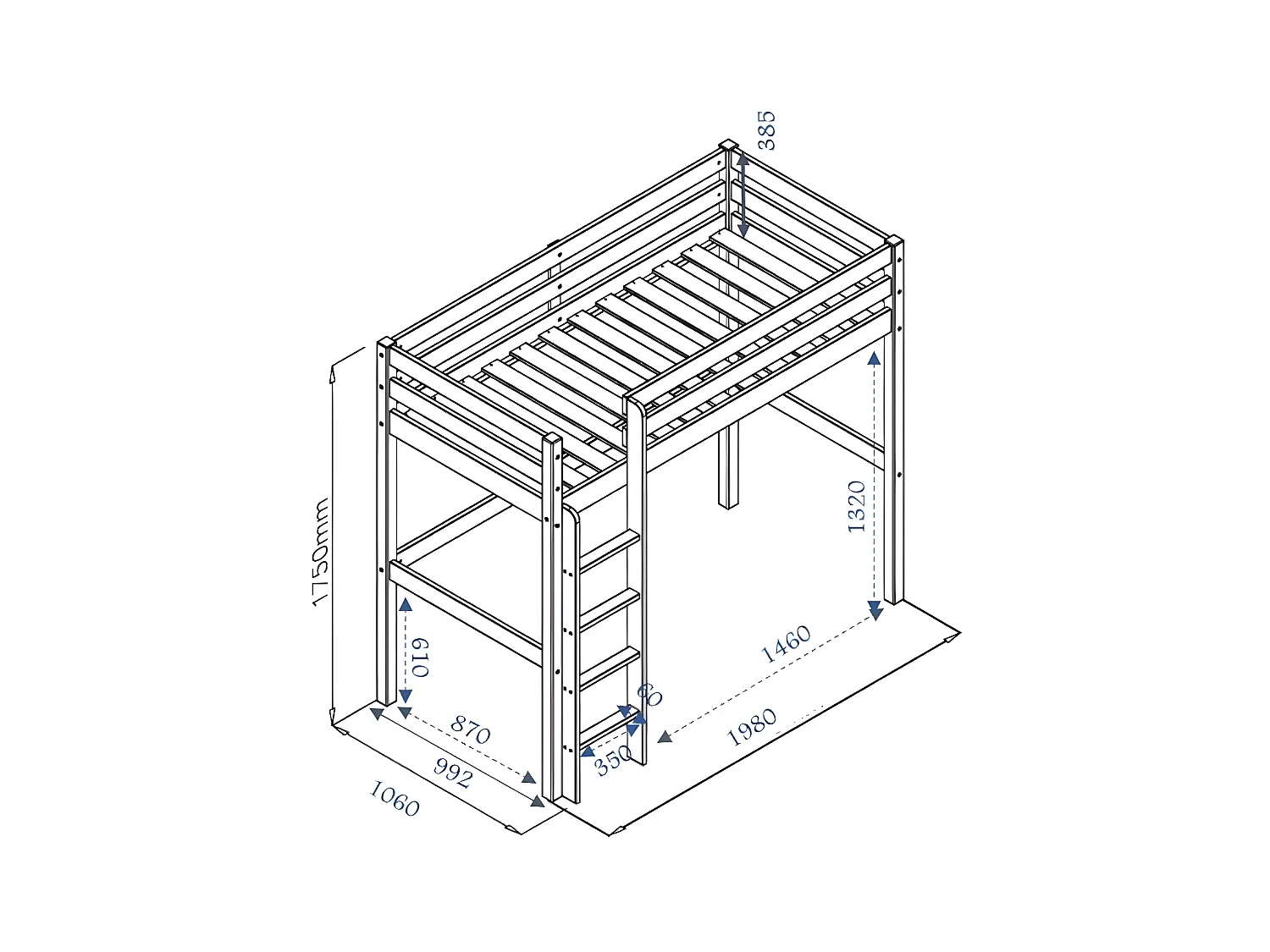 Lit mezzanine 90x190 cm bois massif blanc AARON
