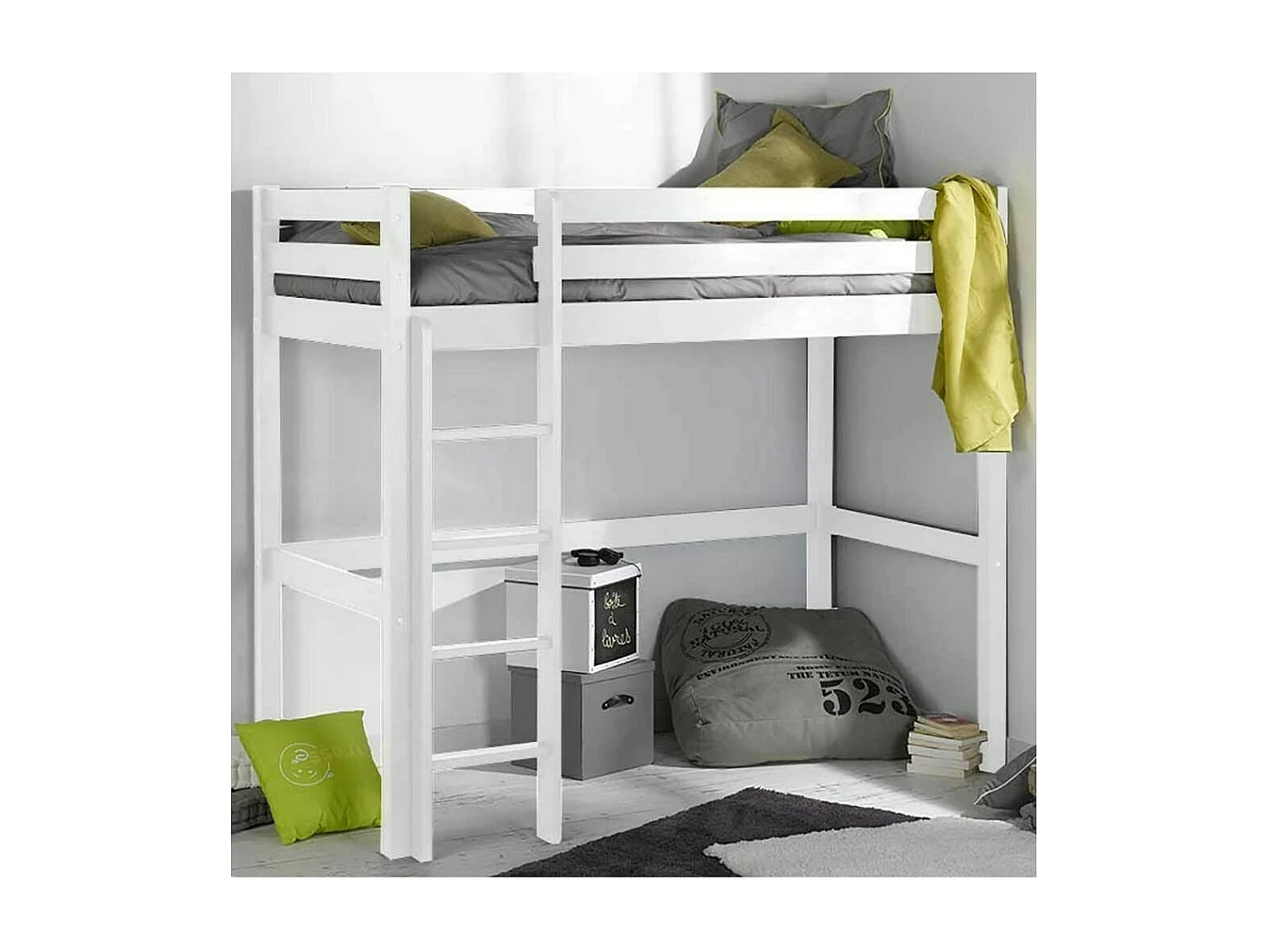 Lit mezzanine 90x190 cm bois massif blanc AARON