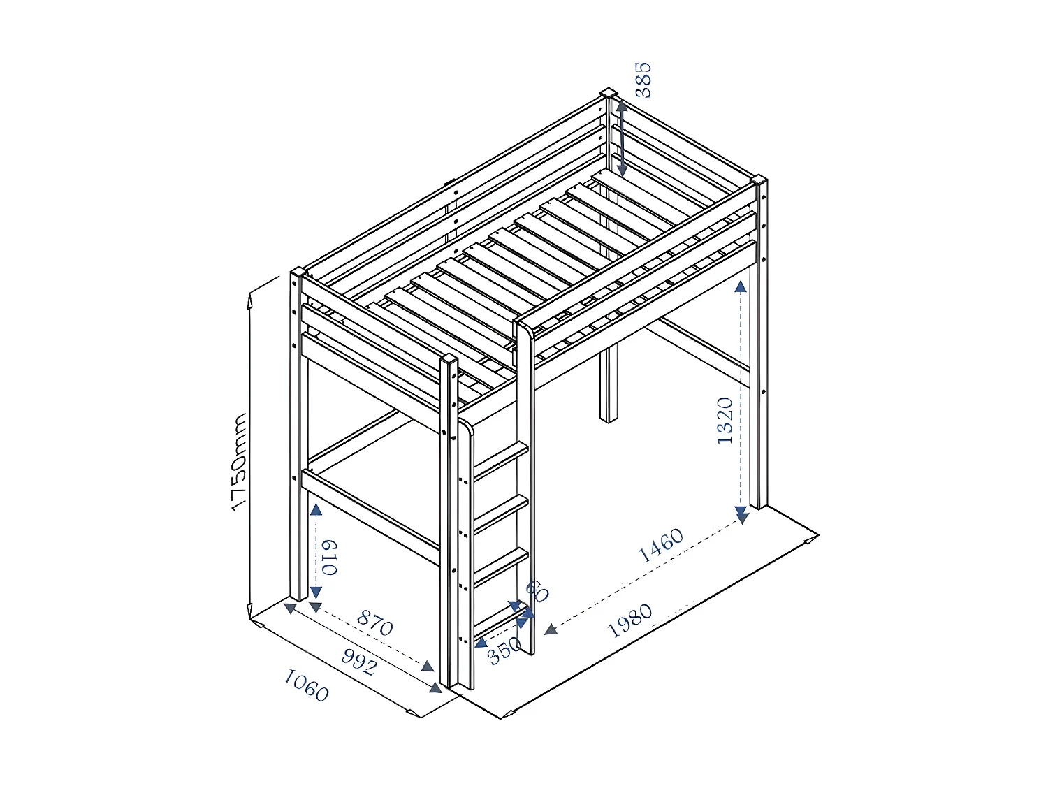 Lit mezzanine 90x190 cm bois massif blanc AARON