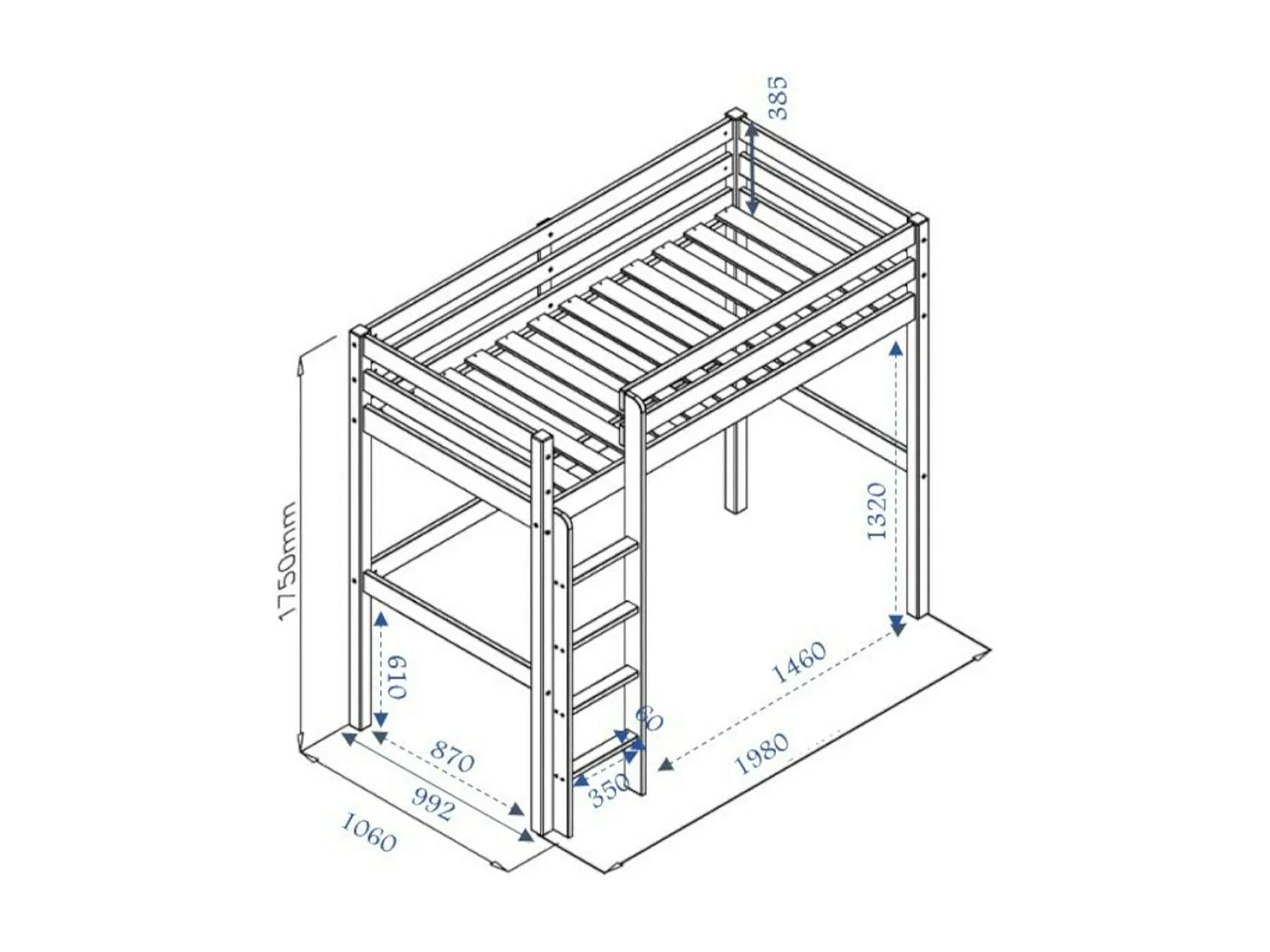 Lit mezzanine 90x190 cm bois massif blanc AARON