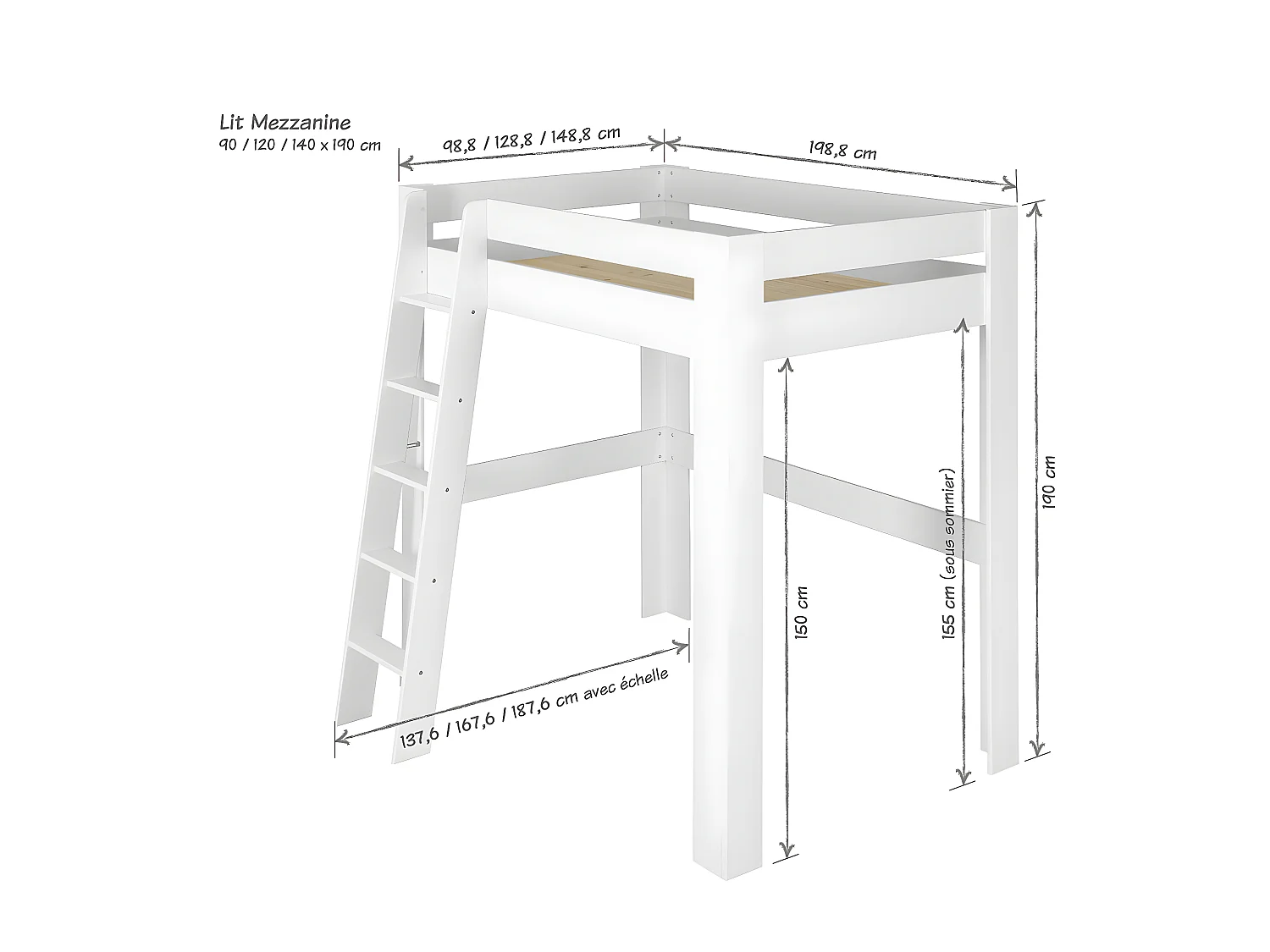 Pack lit mezzanine 2 places avec matelas Ali   Bois naturel 140x190 cm