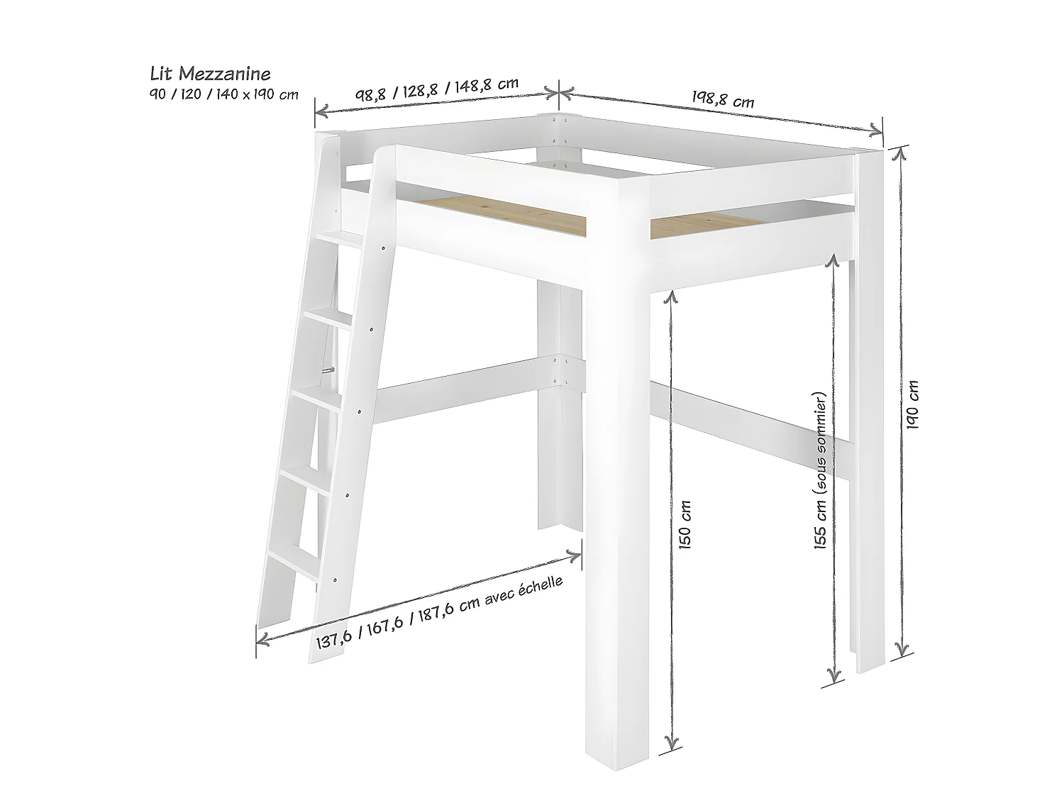 Pack lit mezzanine 2 places avec matelas Ali   Bois naturel 140x190 cm