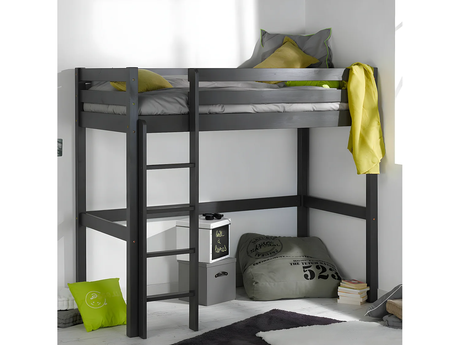 Lit mezzanine 90x190 cm bois massif bois naturel AARON